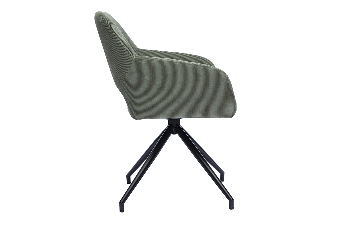 Chaise girevole a 360� in tessuto di velluto a coste verde kaki vista di profilo con base in metallo nero.