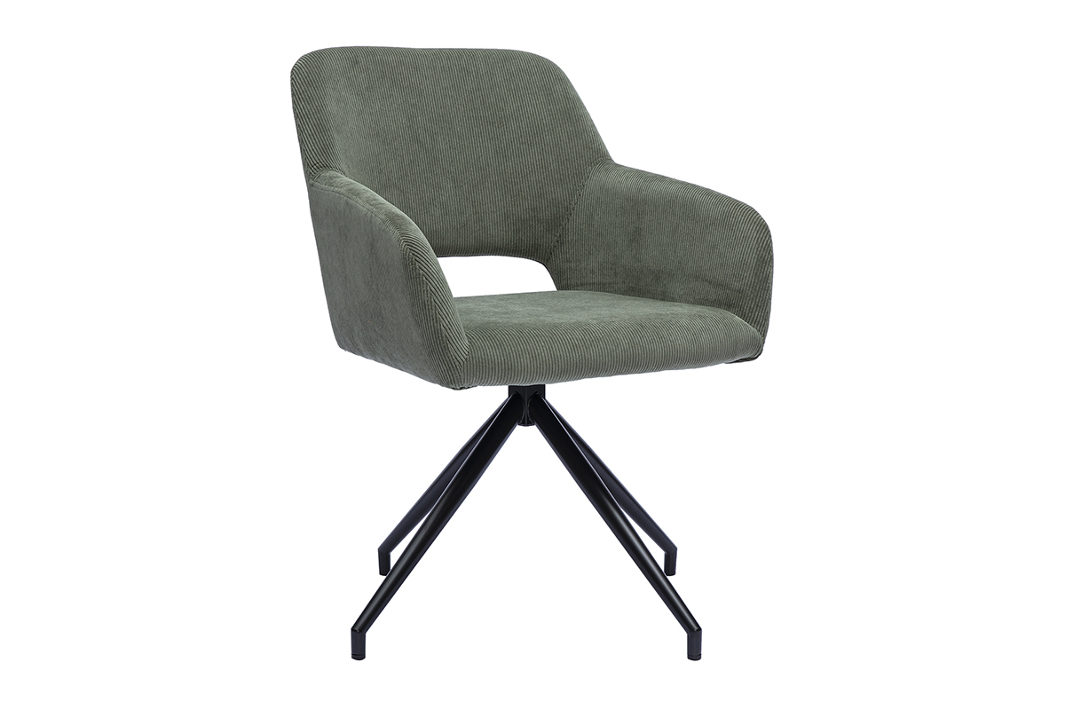 Chaise girevole a 360� in tessuto velluto a coste verde kaki su base in metallo nero, vista a 3/4