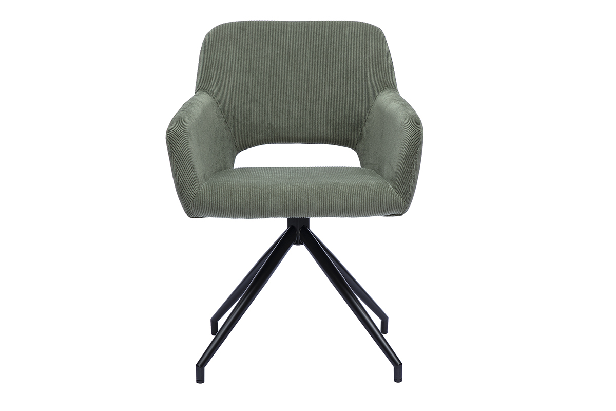 Chaise girevole a 360� in tessuto velluto a coste verde kaki, vista frontale con struttura in metallo nero.