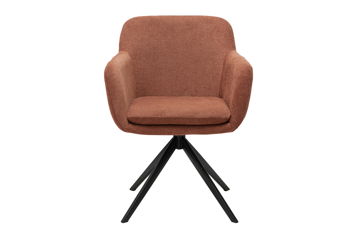 Sedia girevole a 360� in tessuto chenille color terra bruciata con base in metallo nero, vista frontale.