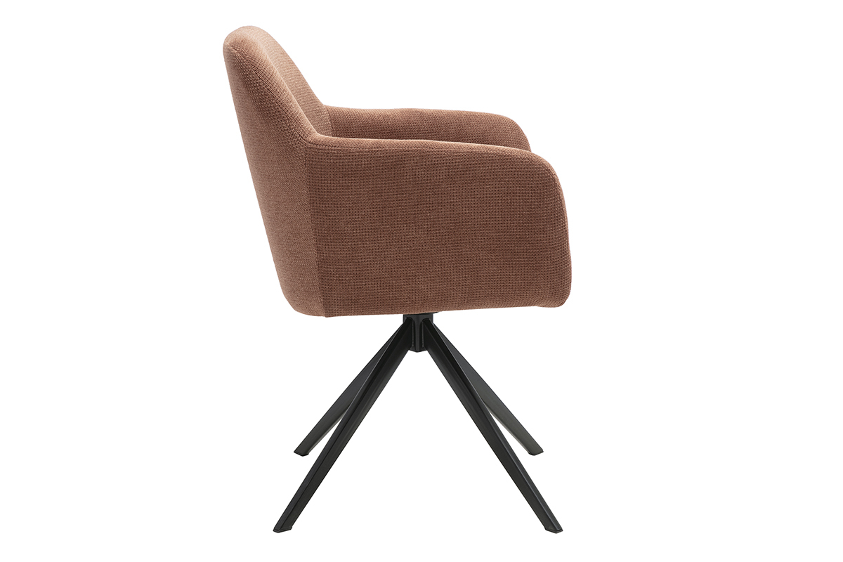 Sedia girevole a 360� in tessuto chenille terra bruciata, vista laterale, base in metallo nero.
