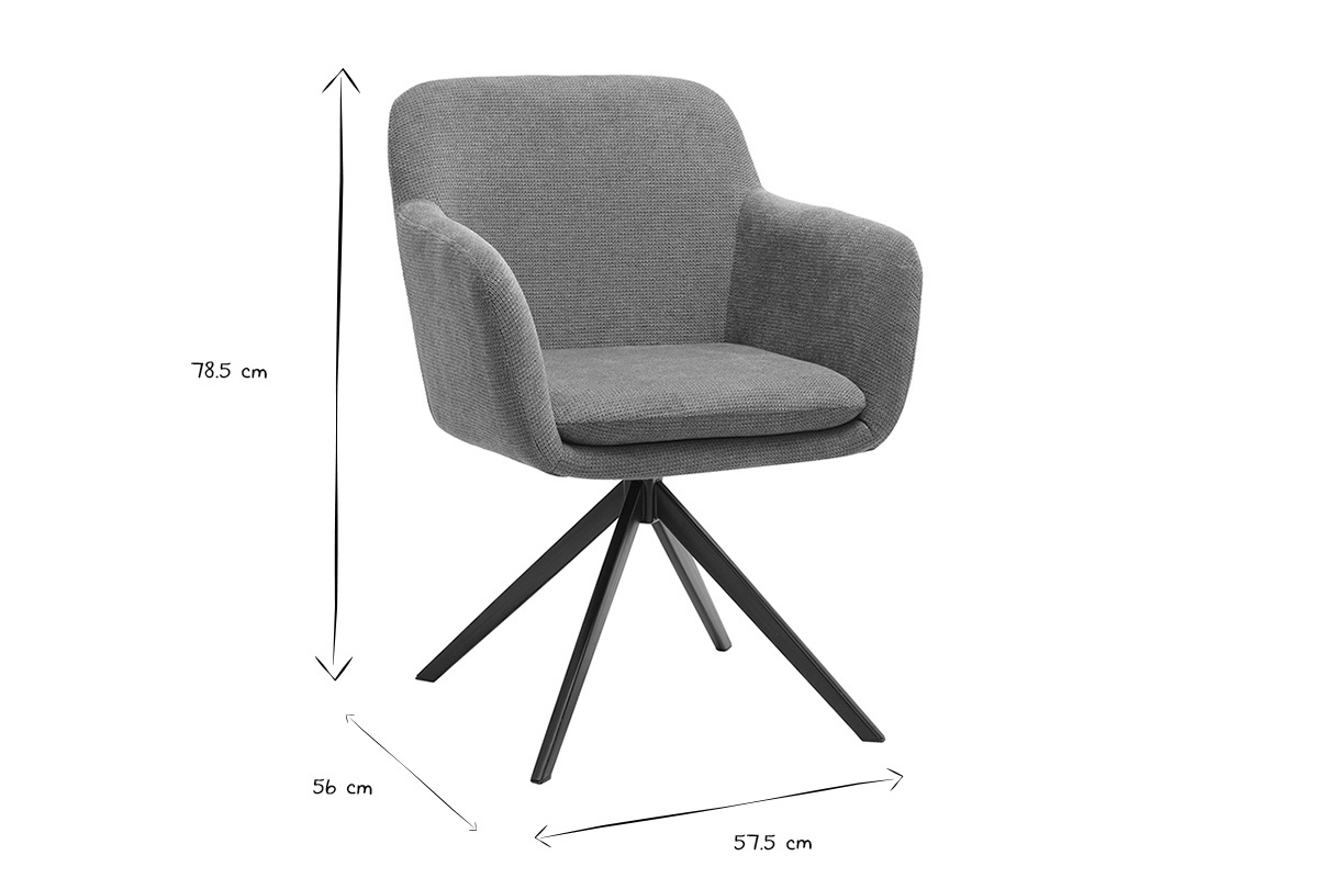 Sedia girevole AMIKA in tessuto chenille, dimensioni: L57,5 x P56 x H78,5 cm, vista frontale in bianco e nero.