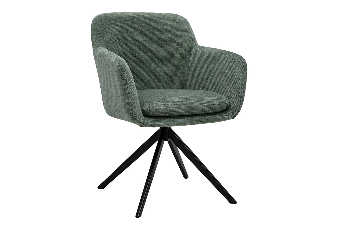 Sedia girevole a 360� in tessuto ciniglia verde kaki con base in metallo nero, vista a 3/4