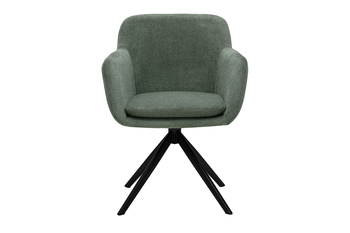 Chaise girevole a 360� in tessuto chenille verde kaki e metallo nero, vista frontale