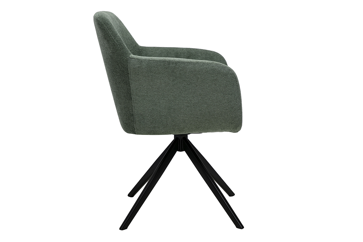 Chaise girevole a 360� in tessuto chenille verde kaki, vista di profilo, con base in metallo nero.