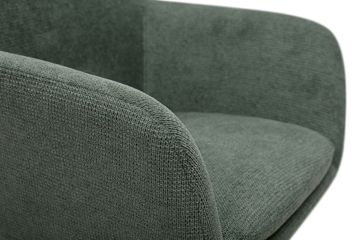 Sedia girevole a 360� in tessuto chenille verde kaki vista da vicino, dettaglio del rivestimento.