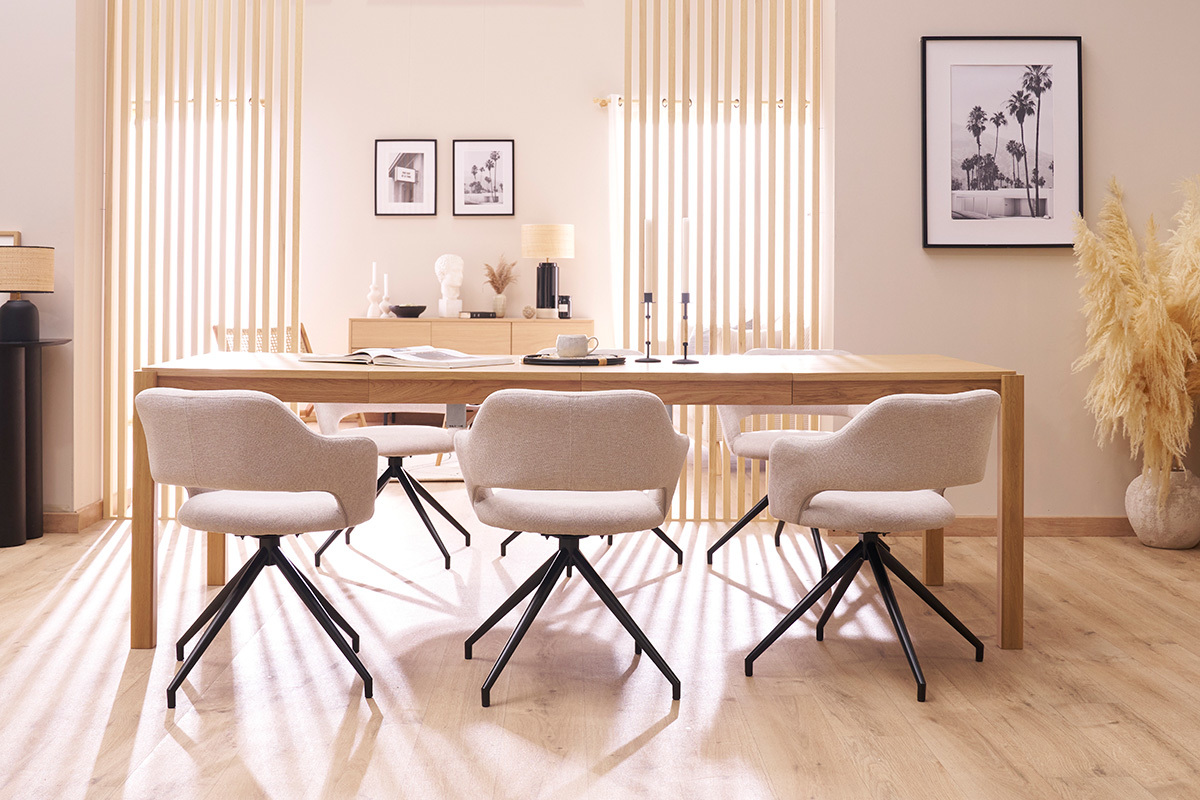 Sedia girevole a 360� in tessuto effetto velluto beige testurizzato e metallo nero JESSY