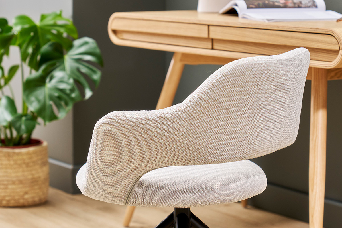 Sedia girevole a 360� in tessuto effetto velluto beige testurizzato e metallo nero JESSY