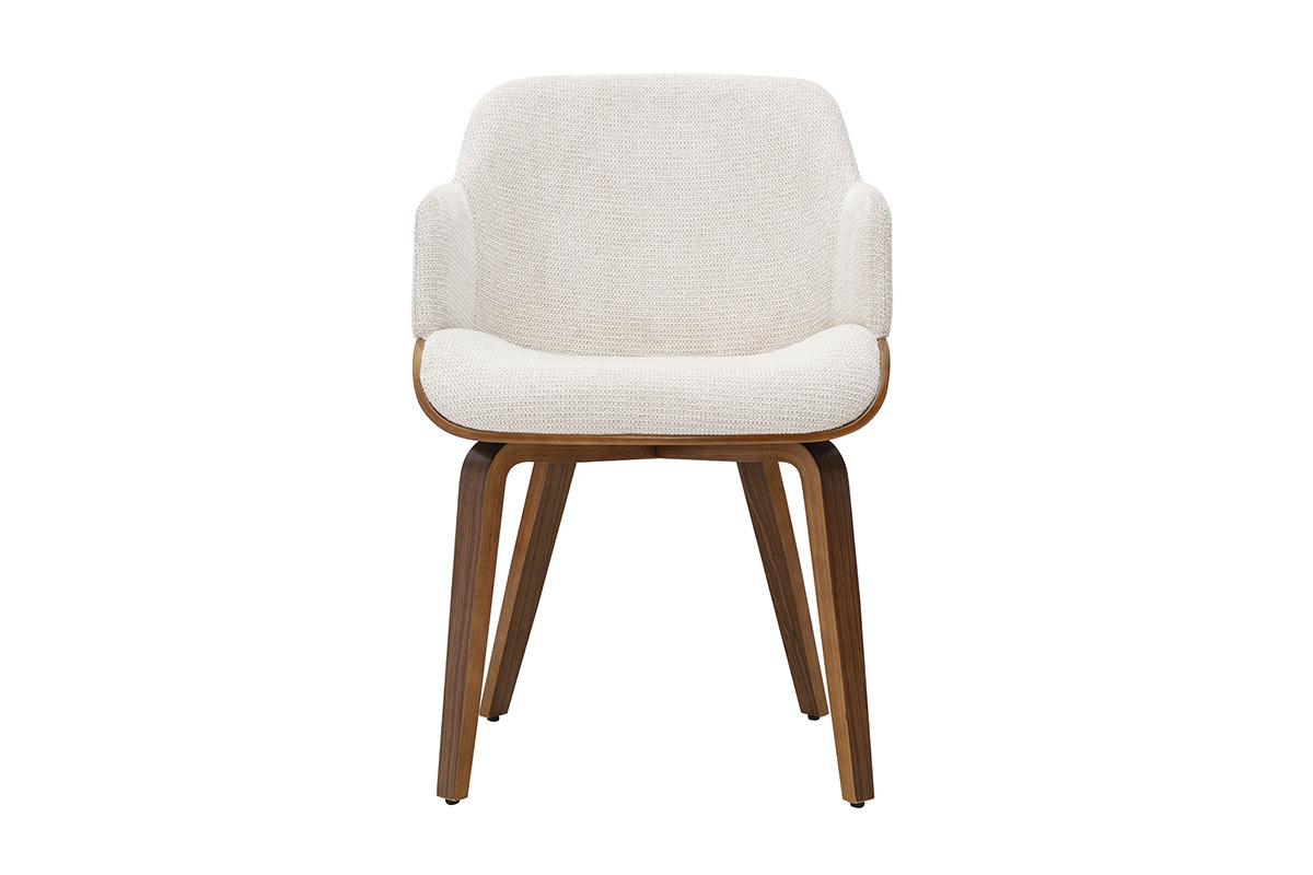 Sedia EARL in tessuto di ciniglia beige e legno scuro, vista frontale.