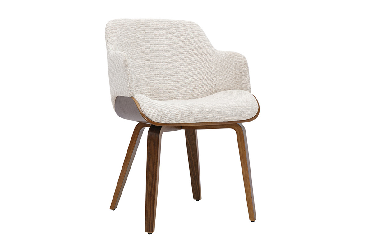 Sedia EARL in tessuto di ciniglia beige e legno scuro, vista da 3/4.