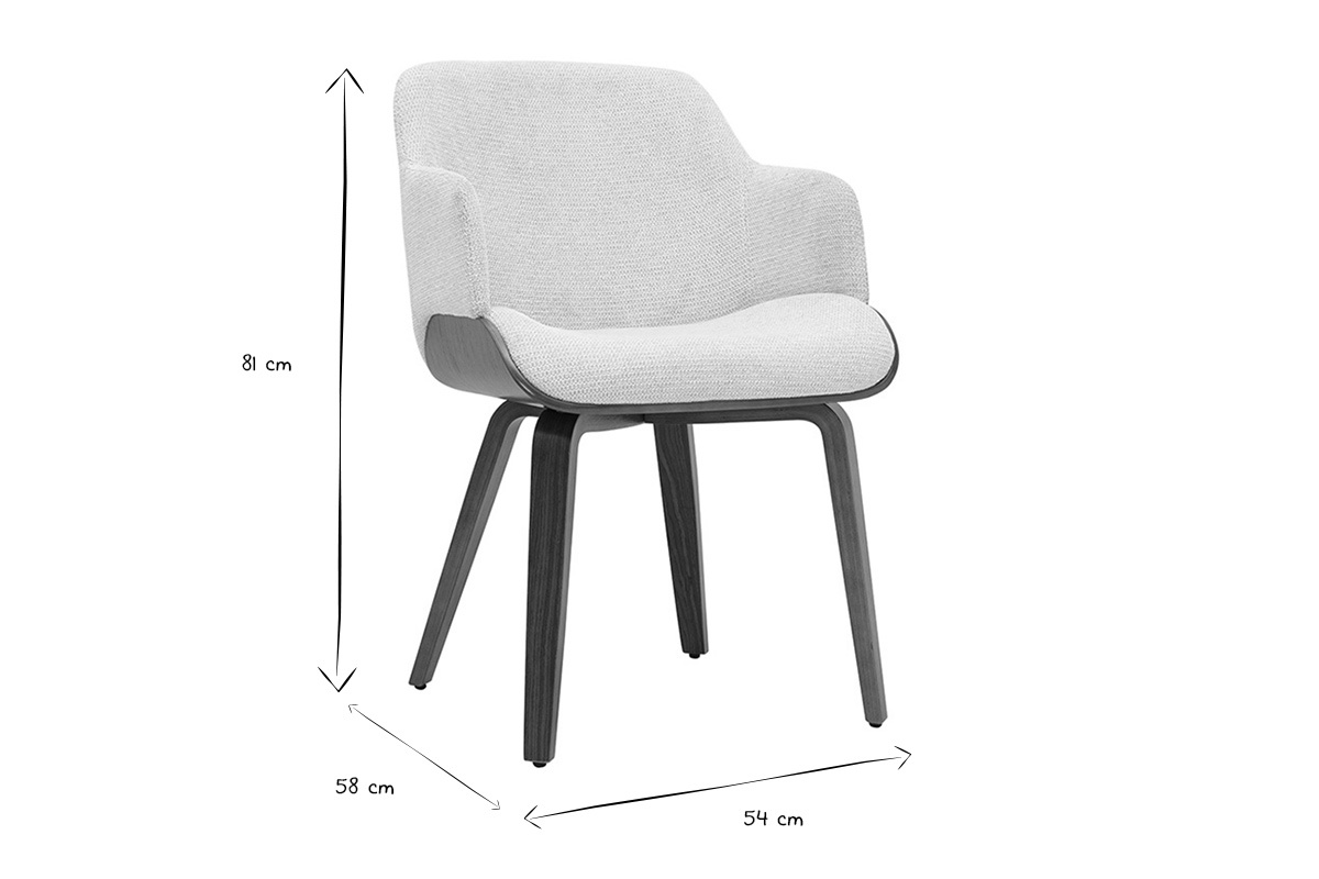 Sedia in tessuto di ciniglia beige e legno scuro EARL, dimensioni 81x58x54 cm, vista da tre quarti, bianco e nero.