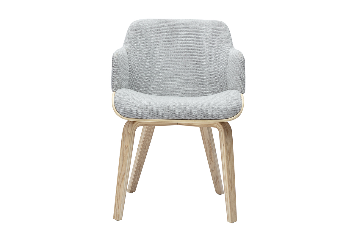 Sedia in tessuto grigio ciniglia e legno chiaro EARL, vista frontale.