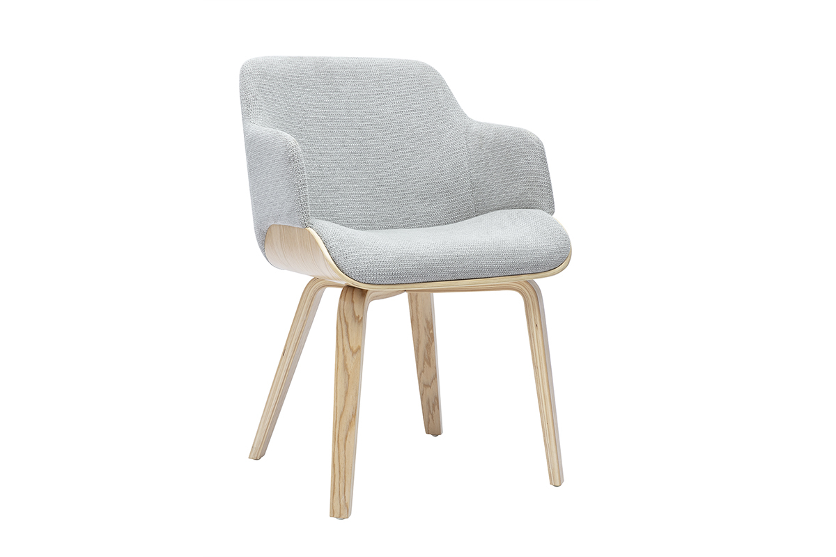 Sedia EARL in tessuto di ciniglia grigio e legno chiaro, vista da 3/4.