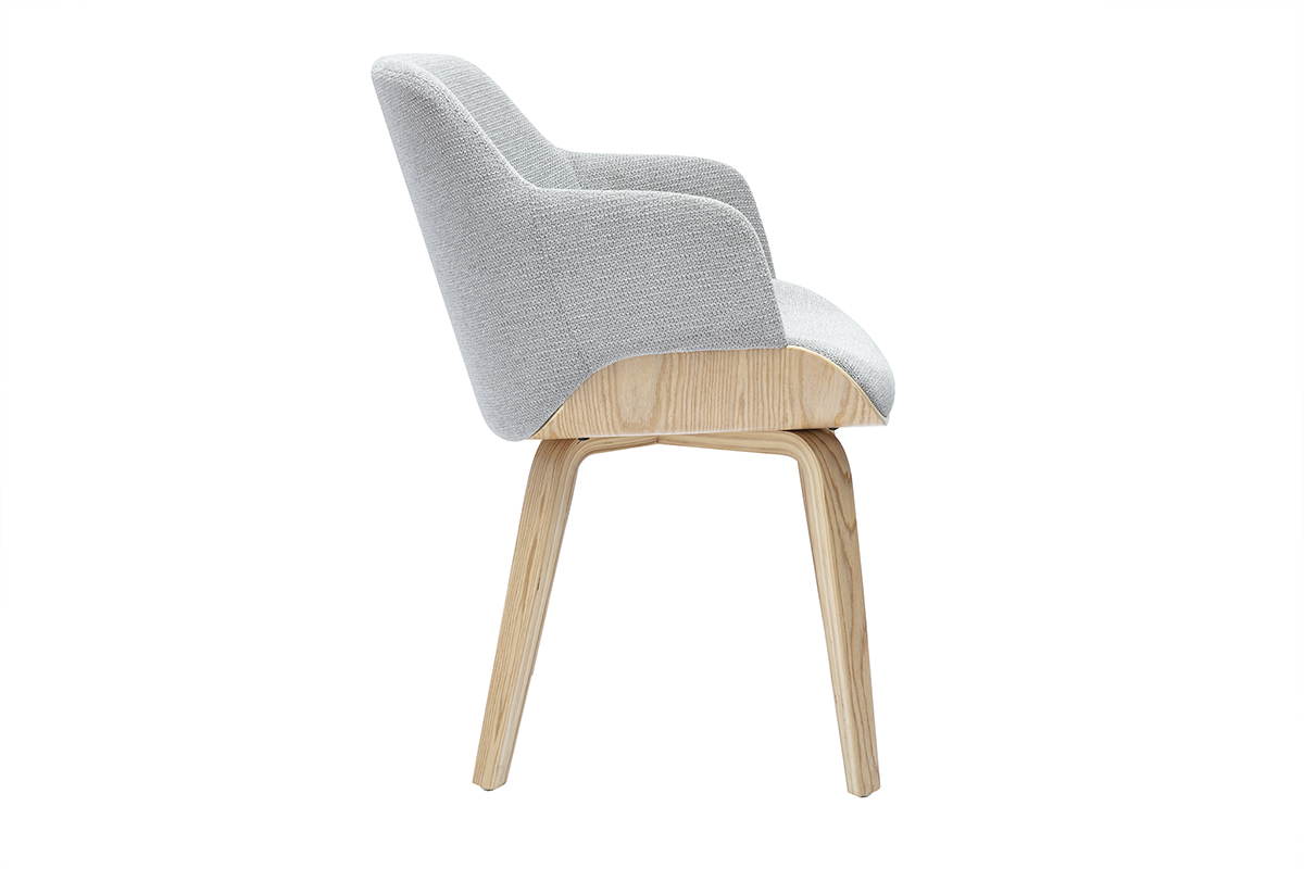Sedia EARL in tessuto di ciniglia grigio e legno chiaro, vista laterale.