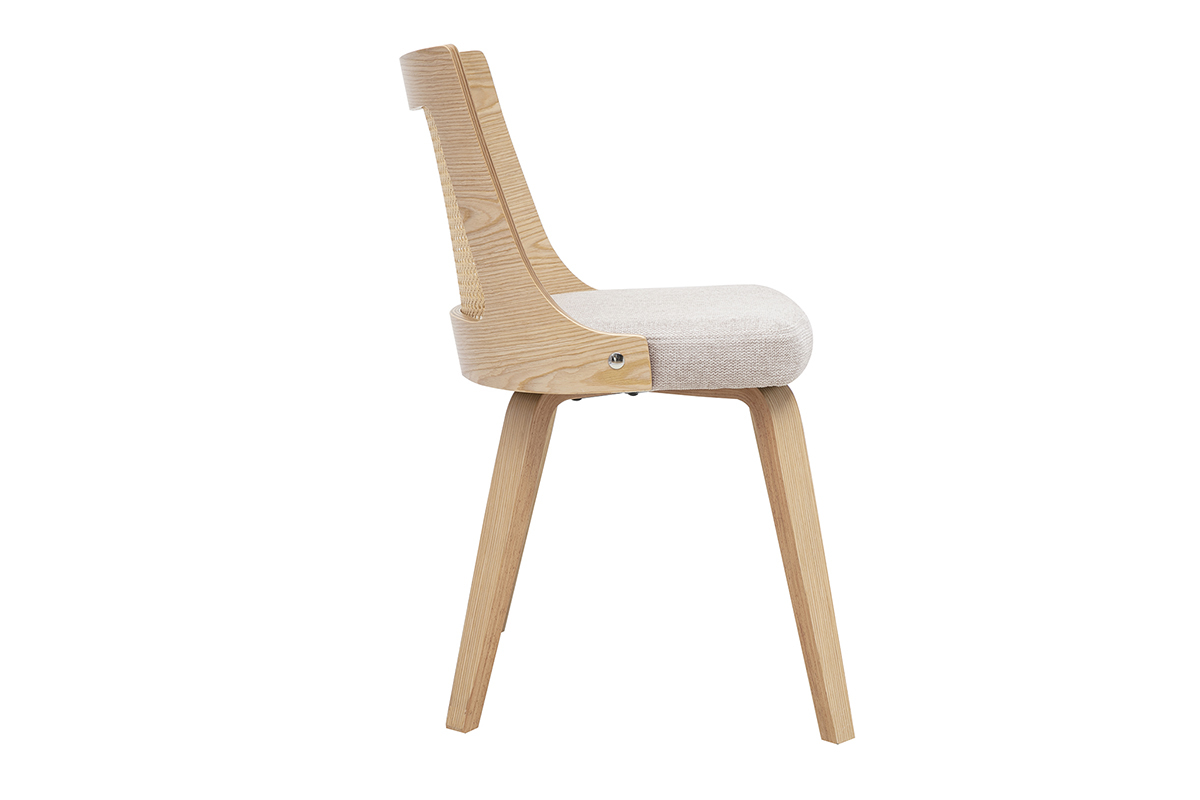 Sedia GARBO vista di profilo, in tessuto effetto velluto beige con legno chiaro e intreccio in rattan.