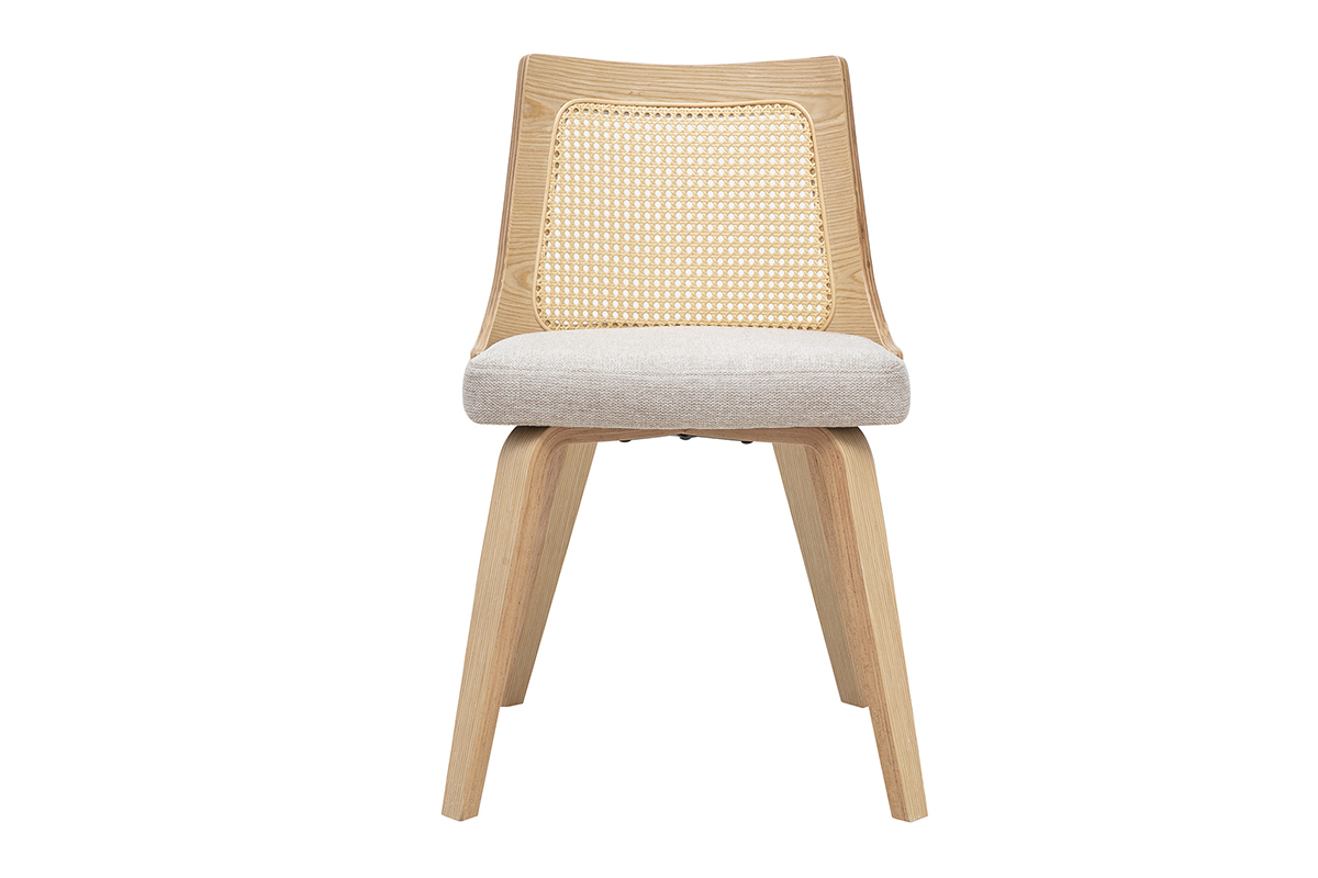 Sedia GARBO in tessuto beige, legno chiaro e canna di rattan, vista frontale