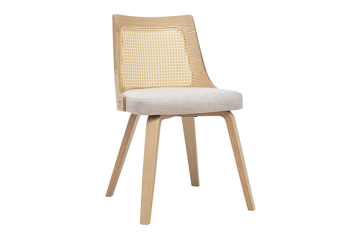 Sedia GARBO in tessuto beige effetto velluto, legno chiaro e cannage in rattan, vista a 3/4