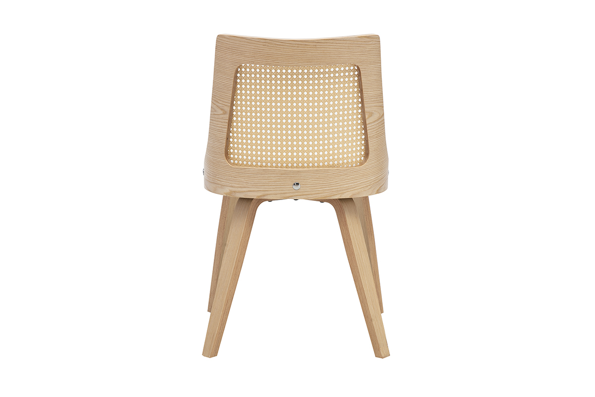 Chaise GARBO vista posteriore, legno chiaro e intreccio in rattan, design retr� e schienale sagomato.