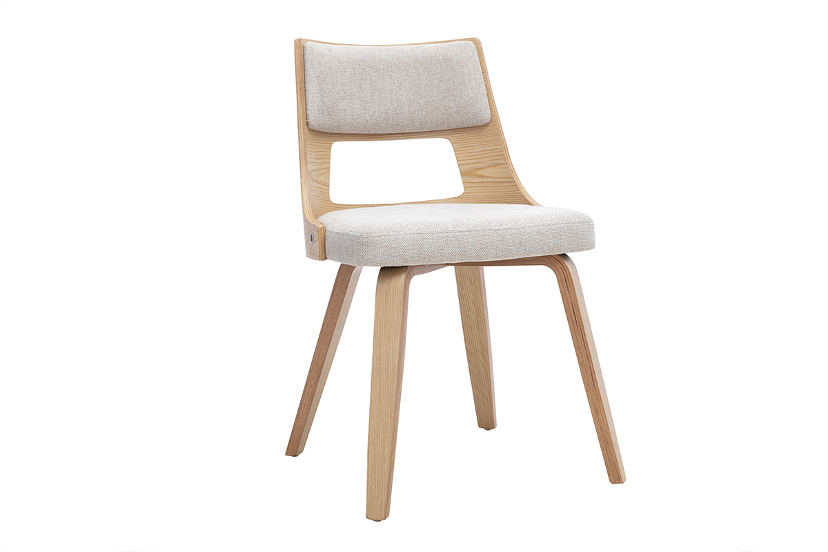 Sedia scandinava in tessuto beige e legno chiaro, vista a 3/4, design moderno