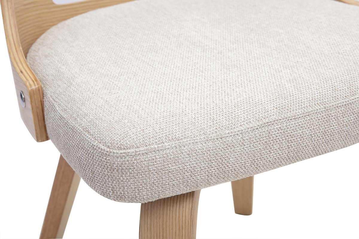 Dettaglio della sedia scandinava GARBO in tessuto beige e legno chiaro, vista da vicino sulla seduta.