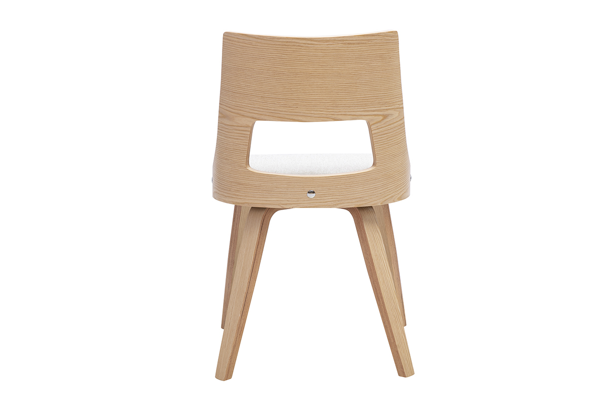 Sedia scandinava beige in velluto testurizzato con base in legno chiaro, vista posteriore.