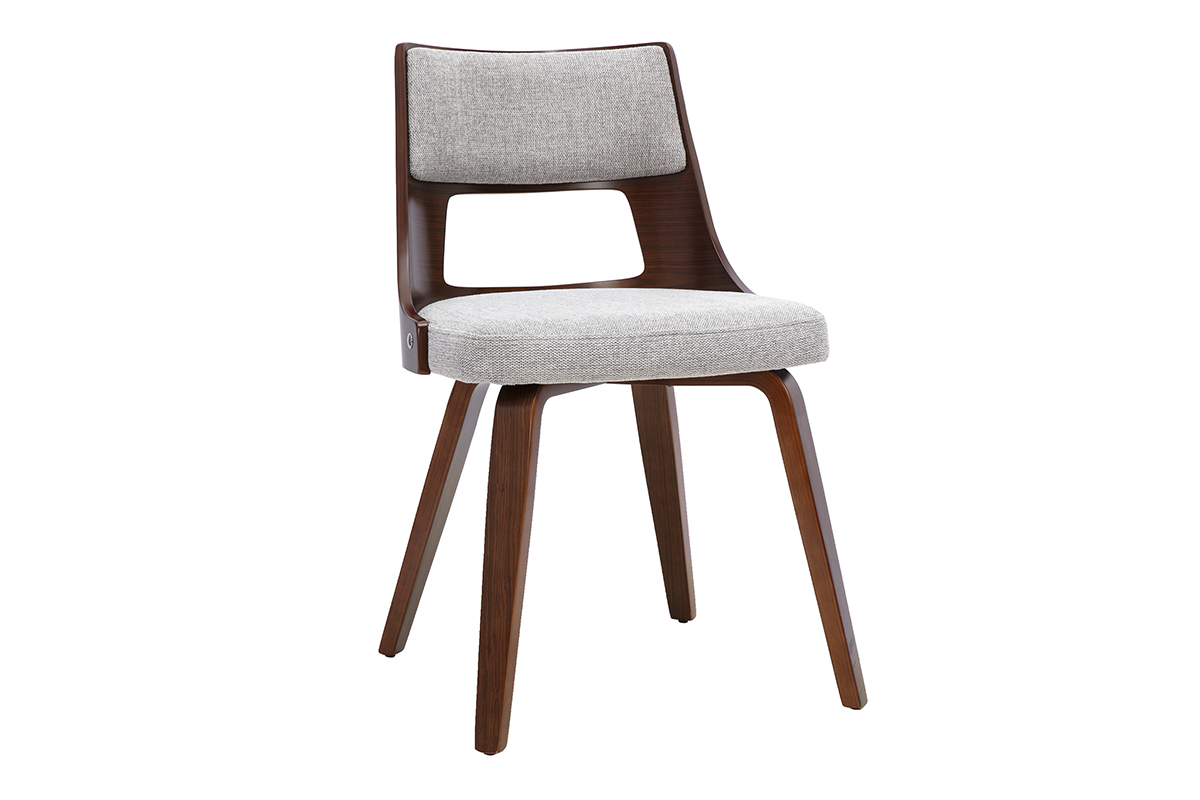 Sedia scandinava in tessuto grigio e legno scuro, vista a 3/4.