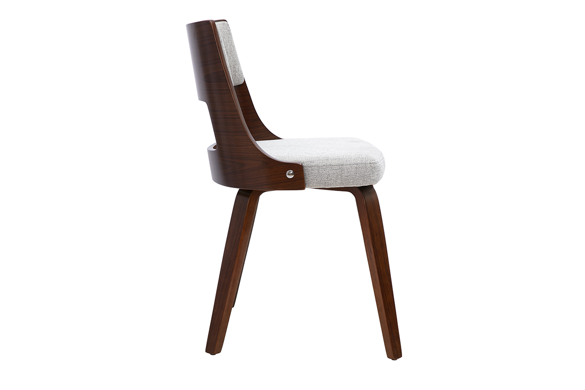 Sedia scandinava in tessuto grigio e legno scuro, vista di profilo, design minimalista e moderno.