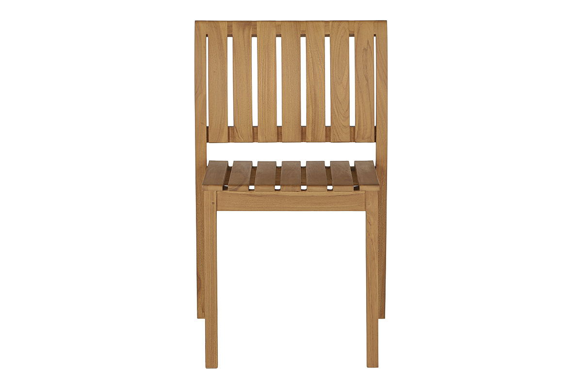 Sedia da giardino TECKA in teak massello, vista frontale, design essenziale e senza braccioli, impilabile.