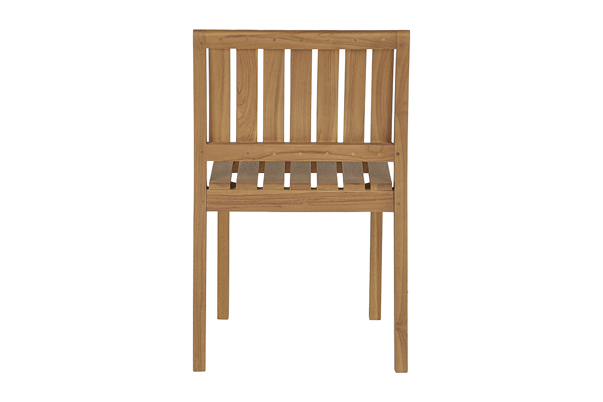 Chaise da giardino TECKA in teak massello, vista posteriore, impilabile, dimensioni L50 x P53,5 x H80 cm.
