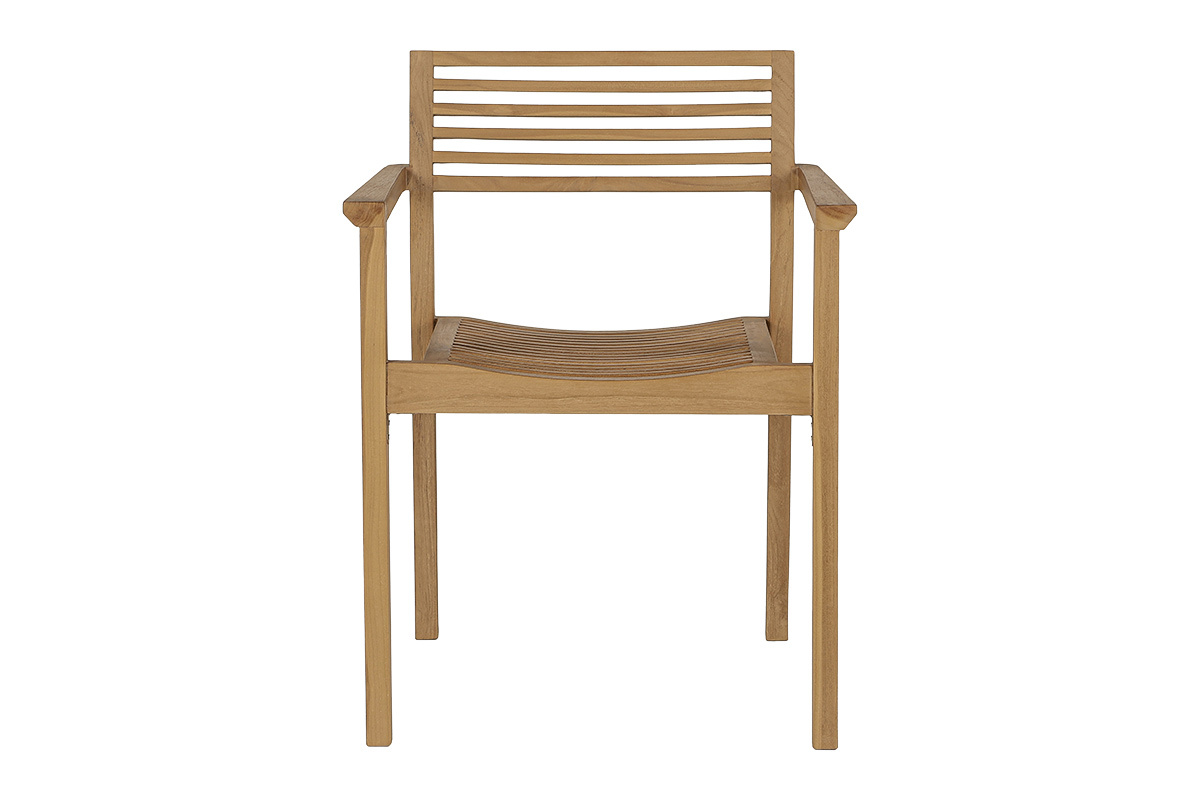 Sedia da giardino impilabile in teak massiccio, vista frontale.