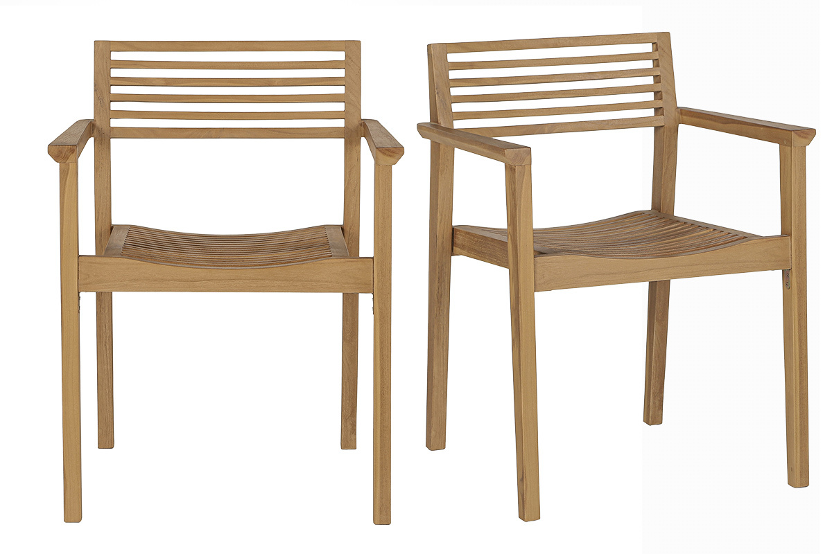 Sedie da giardino impilabili in legno massello di teak, vista frontale, set di 2.