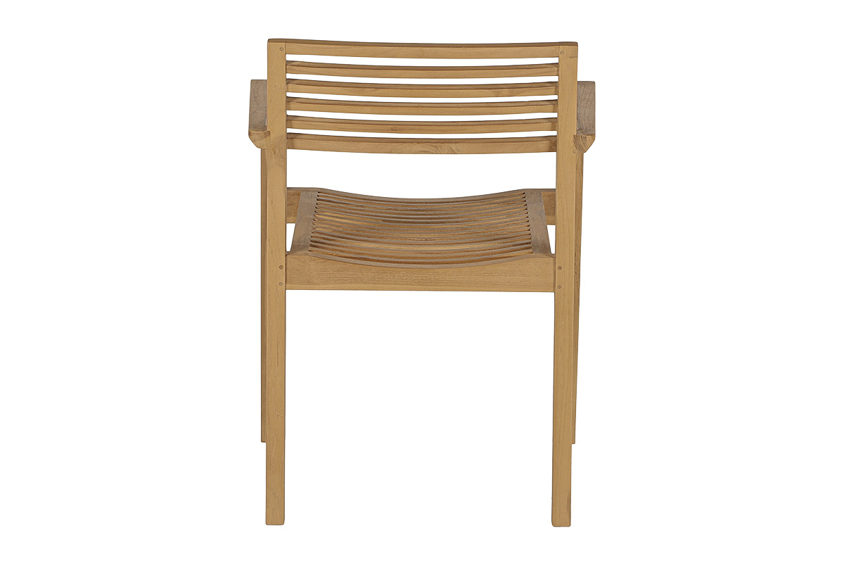 Sedia da giardino KAYU in teak massello, vista posteriore, impilabile con braccioli.