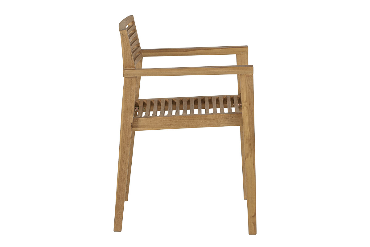 Sedia da giardino in teak massello, vista di profilo, con braccioli e doghe orizzontali.