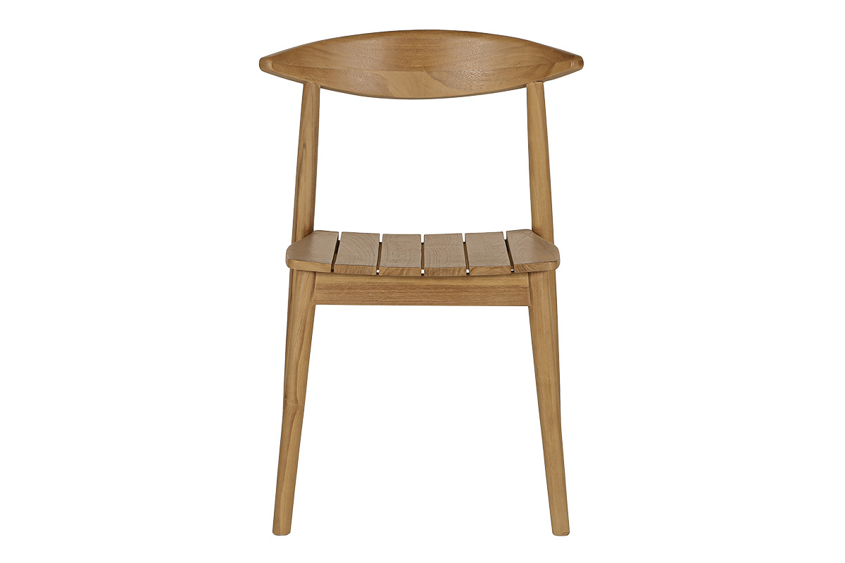 Sedia da giardino impilabile in teak massello, vista frontale, design essenziale, stile naturale.