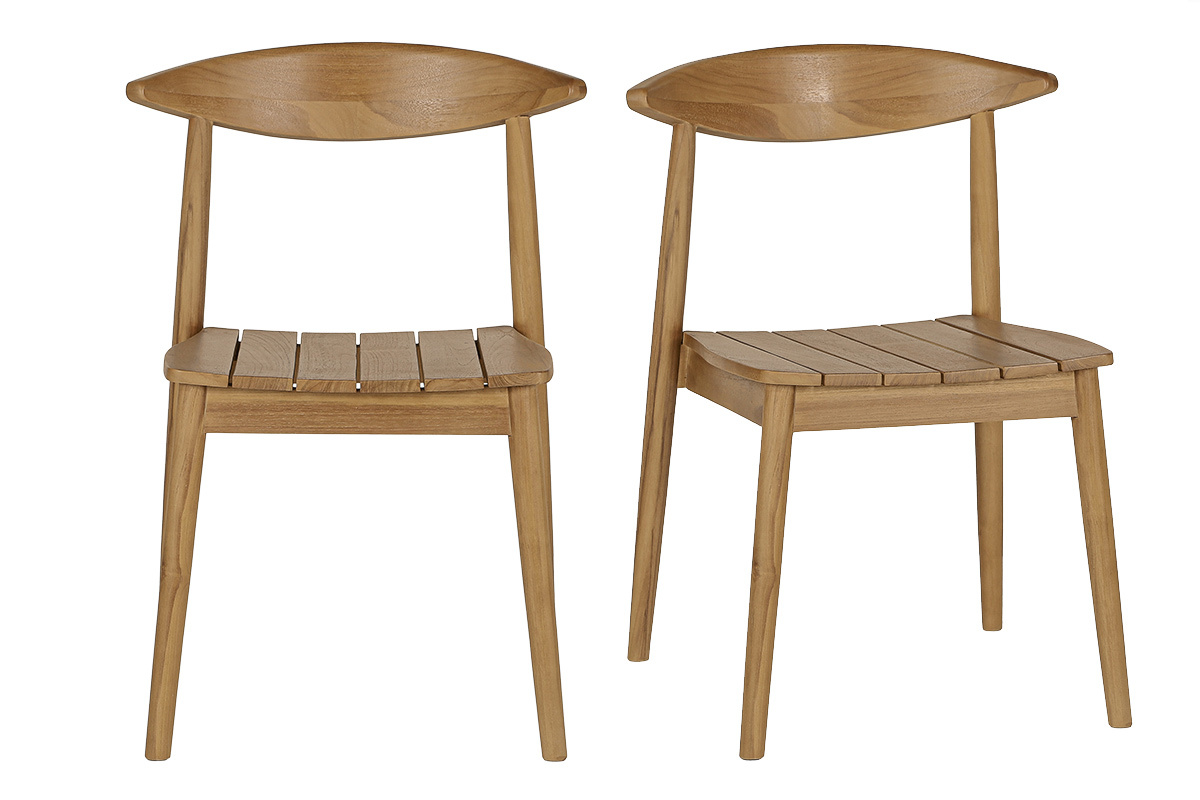 Set di 2 sedie da giardino impilabili in legno massello di teak, vista frontale.