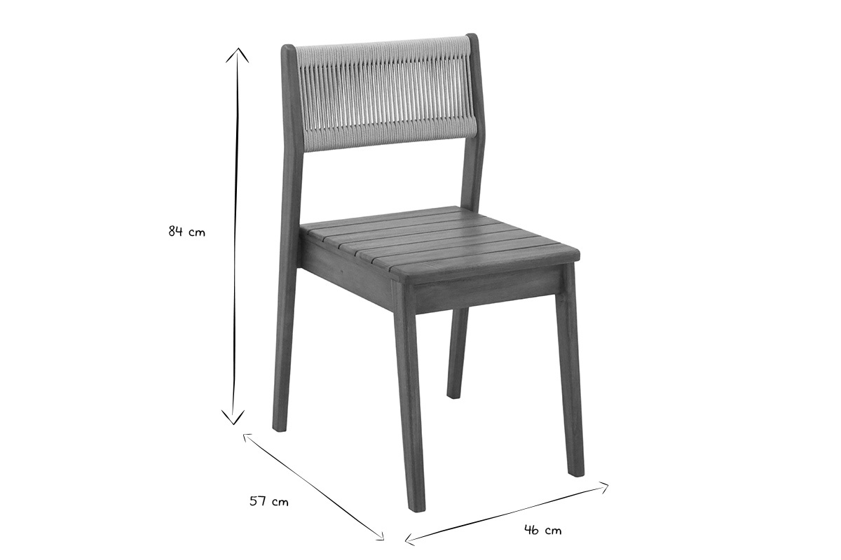 Sedie da giardino ZEPHYR in legno e corda, dimensioni 84x57x46 cm, vista laterale, nero e bianco.