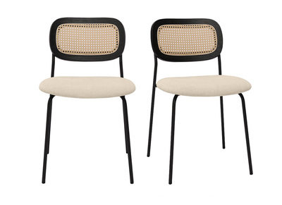 Sedie dal design in tessuto effetto velluto beige, metallo nero e intreccio di rattan (set di 2) MIRANDA