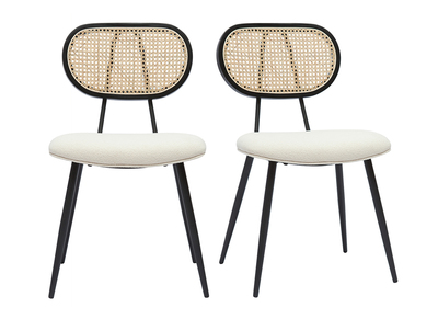 Sedie design in tessuto effetto lana bouclé bianco crema, metallo nero e motivo a intreccio rattan naturale (set di 2) TOLMA