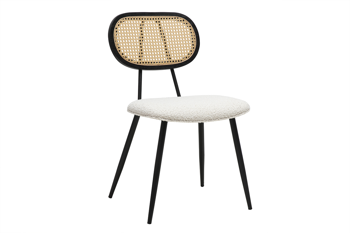 Sedia SWANN nero e bianco, schienale in rattan intrecciato, seduta in tessuto boucl�, vista da 3/4.