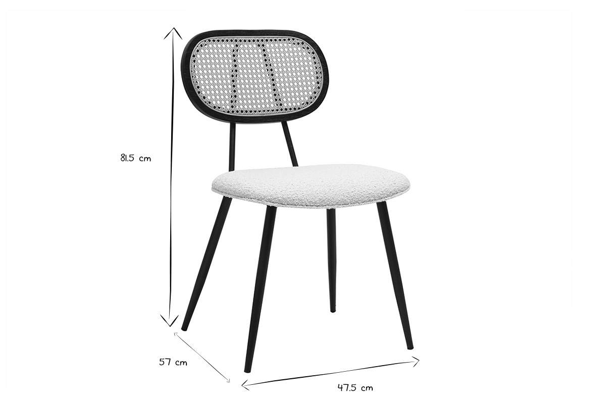 Sedia design in nero e bianco con dimensioni, schienale in vimini di rattan, seduta in tessuto effetto lana ricciolata.