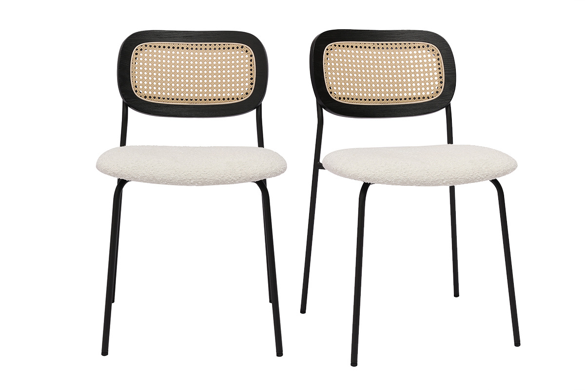 Sedie design in tessuto effetto lana ricciolo bianco, metallo nero e intreccio di rattan (set di 2) MIRANDA
