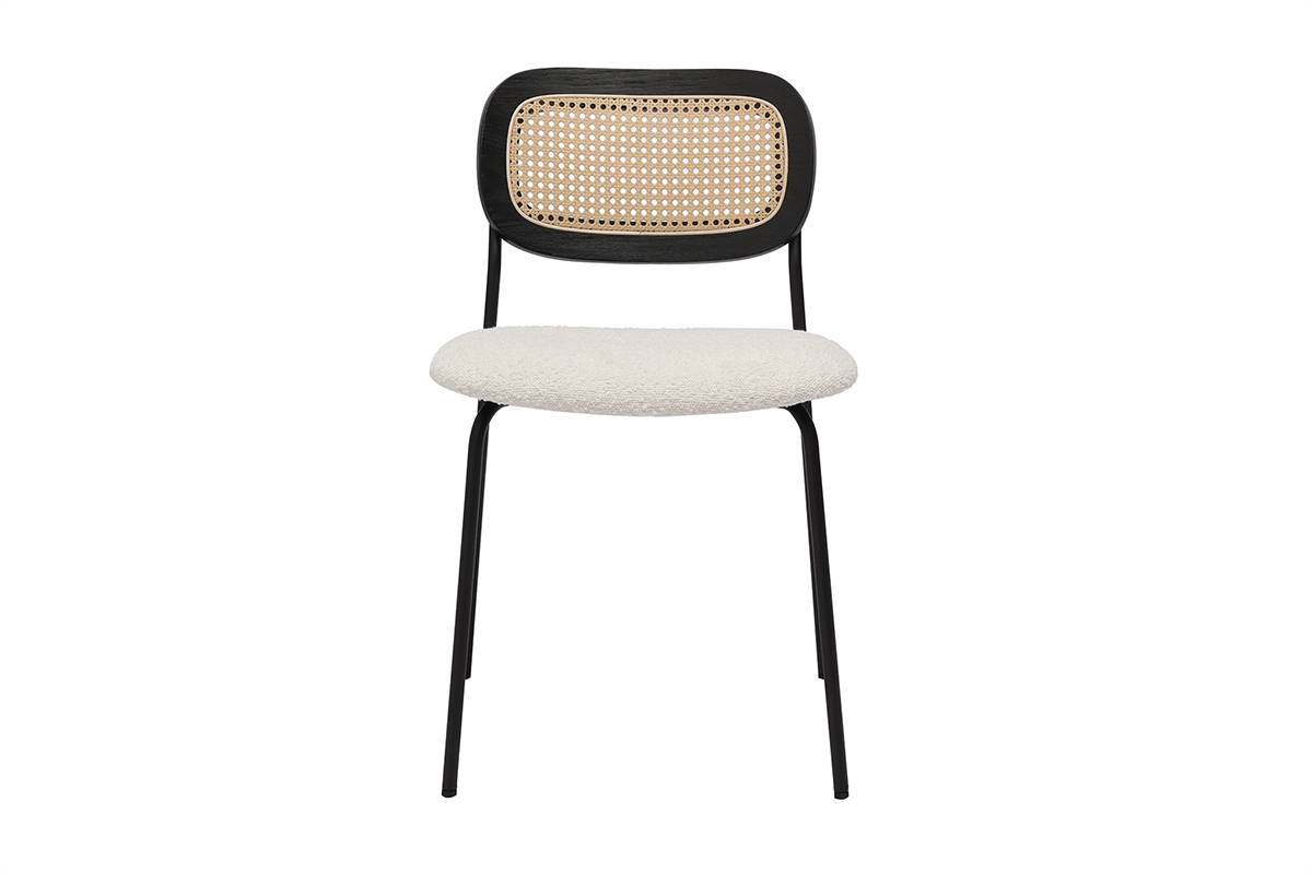 Sedie design in tessuto effetto lana ricciolo bianco, metallo nero e intreccio di rattan (set di 2) MIRANDA