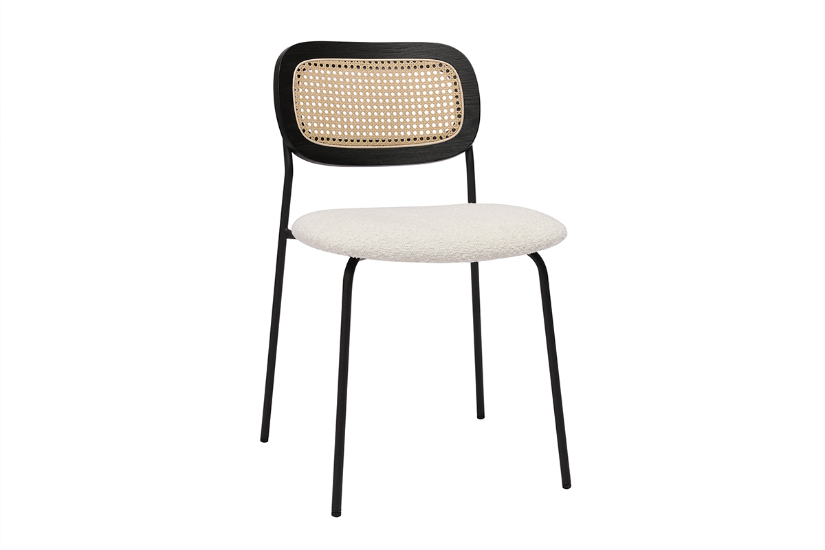 Sedie design in tessuto effetto lana ricciolo bianco, metallo nero e intreccio di rattan (set di 2) MIRANDA