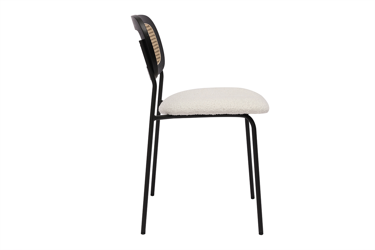 Sedie design in tessuto effetto lana ricciolo bianco, metallo nero e intreccio di rattan (set di 2) MIRANDA