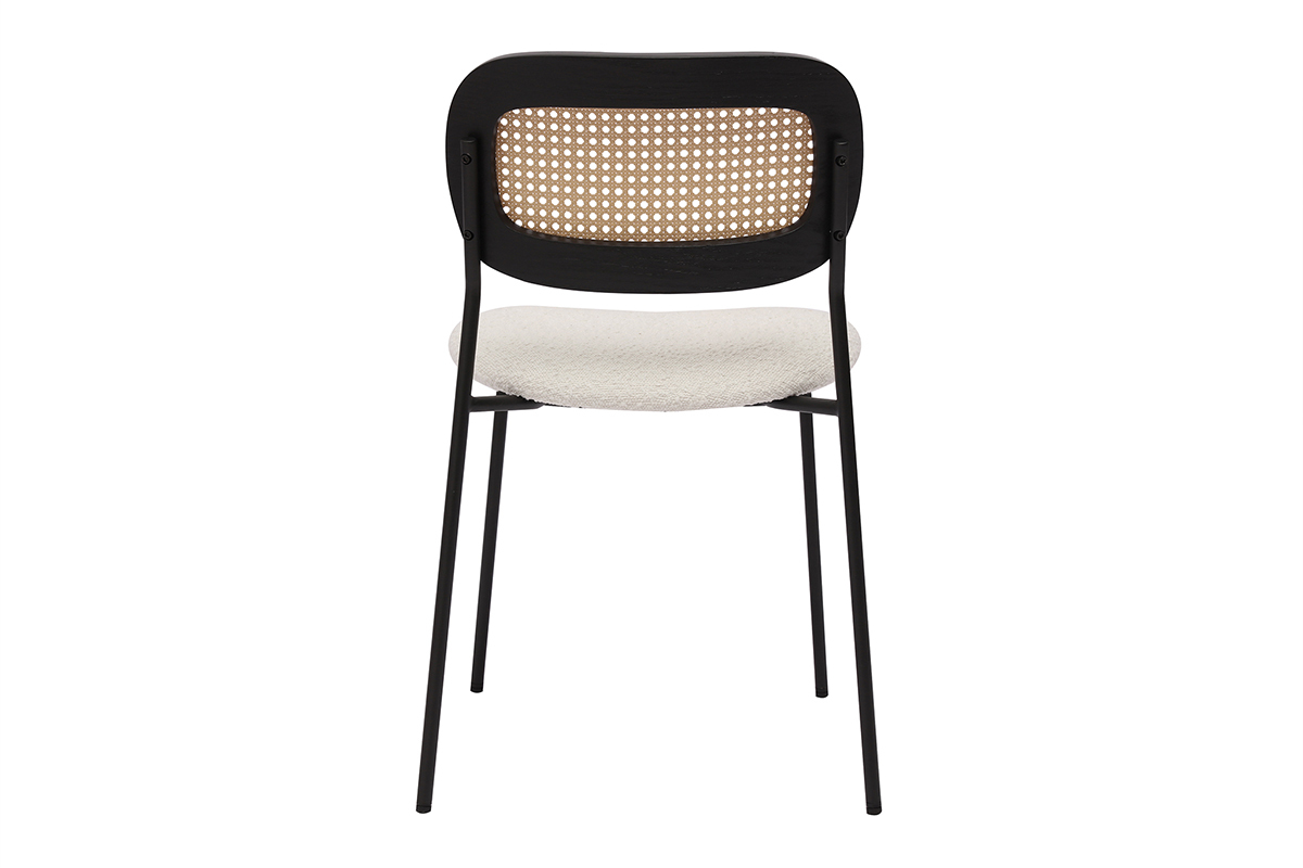 Sedie design in tessuto effetto lana ricciolo bianco, metallo nero e intreccio di rattan (set di 2) MIRANDA