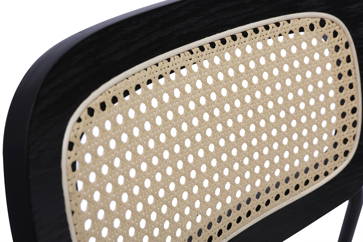 Sedie design in tessuto effetto lana ricciolo bianco, metallo nero e intreccio di rattan (set di 2) MIRANDA
