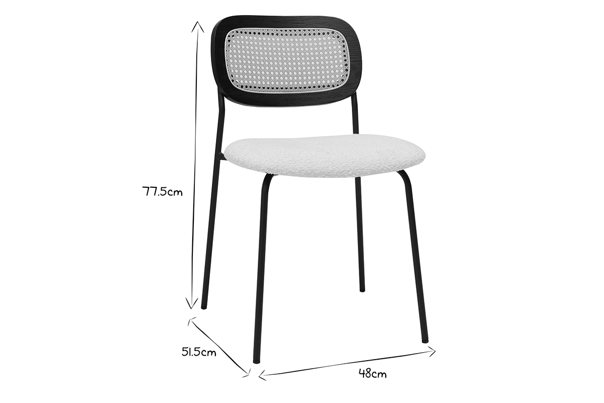 Sedie design in tessuto effetto lana ricciolo bianco, metallo nero e intreccio di rattan (set di 2) MIRANDA