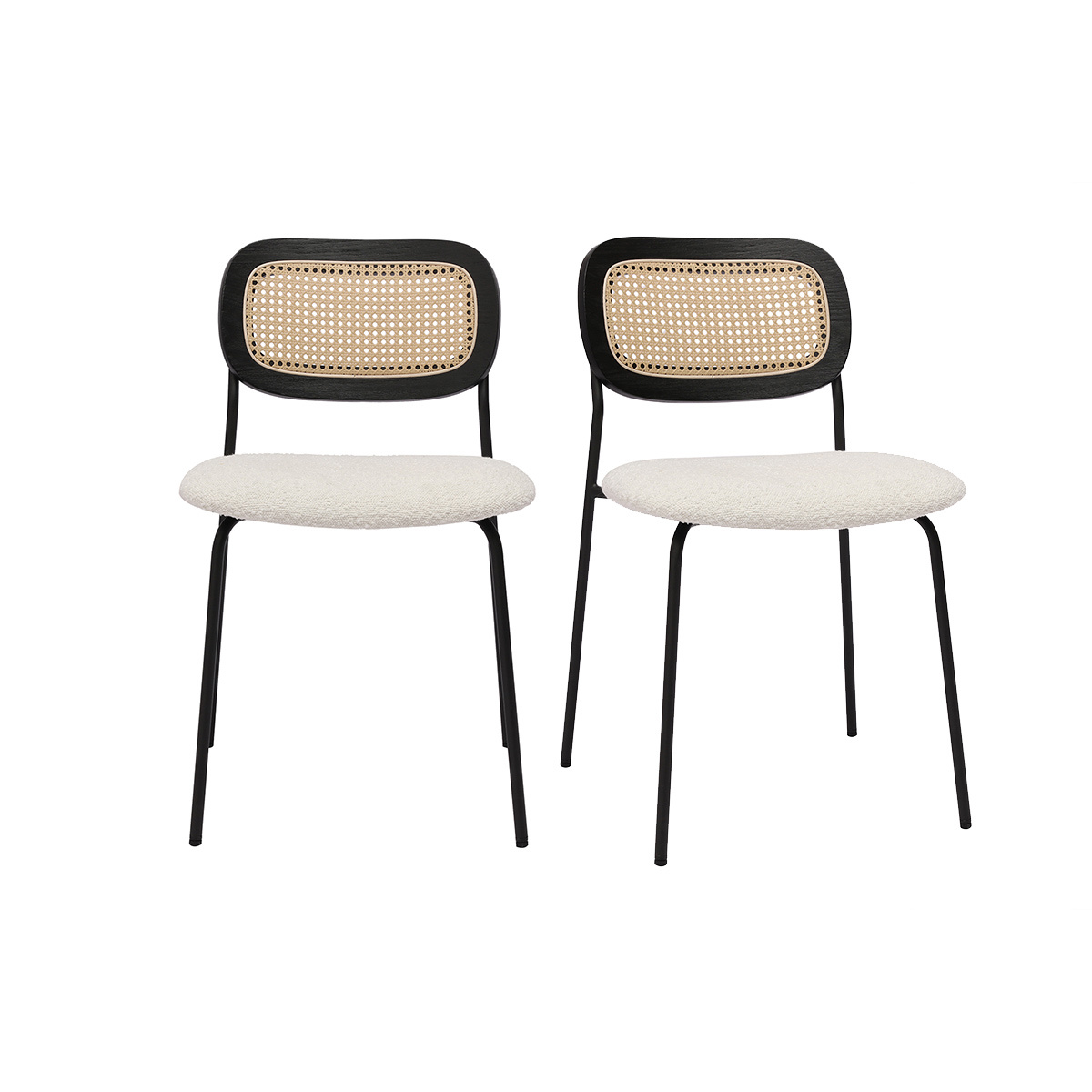 Sedie design in tessuto effetto lana ricciolo bianco, metallo nero e intreccio di rattan (set di 2) MIRANDA