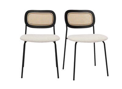Sedie design in tessuto effetto lana ricciolo bianco, metallo nero e intreccio di rattan (set di 2) MIRANDA