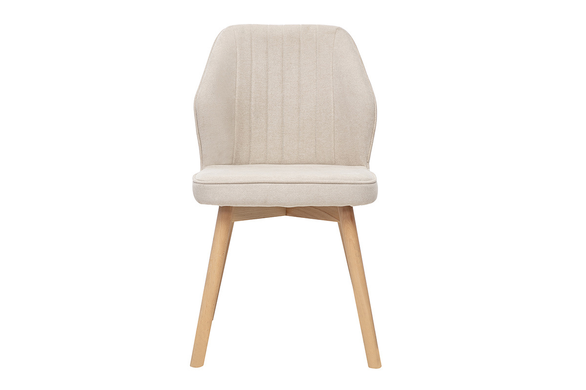 Sedia design in tessuto velluto beige e gambe in legno chiaro, vista frontale.